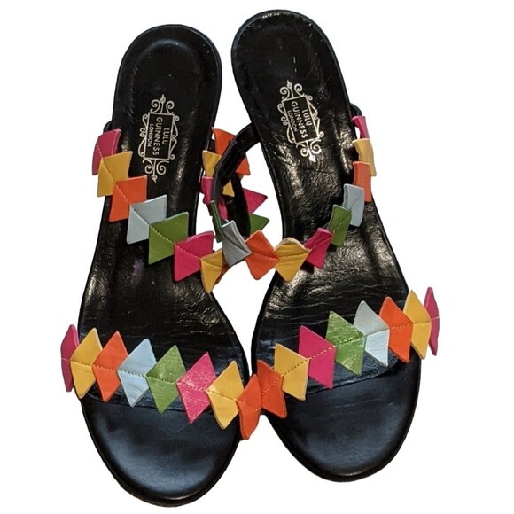 LULU Guinness London black strappy leather multicolor kitten stiletto Spain 7.5 - Picture 1 of 10